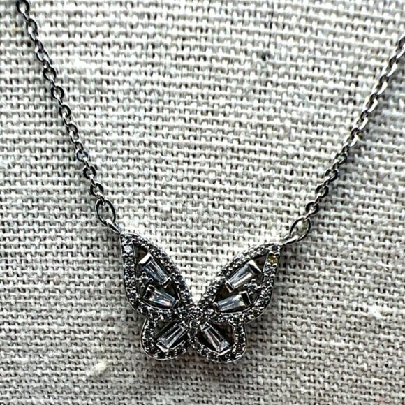 Elegant Butterfly Pendant Necklace With Rhinestones On Silver Tone Chain.  B62 - Picture 8 of 9